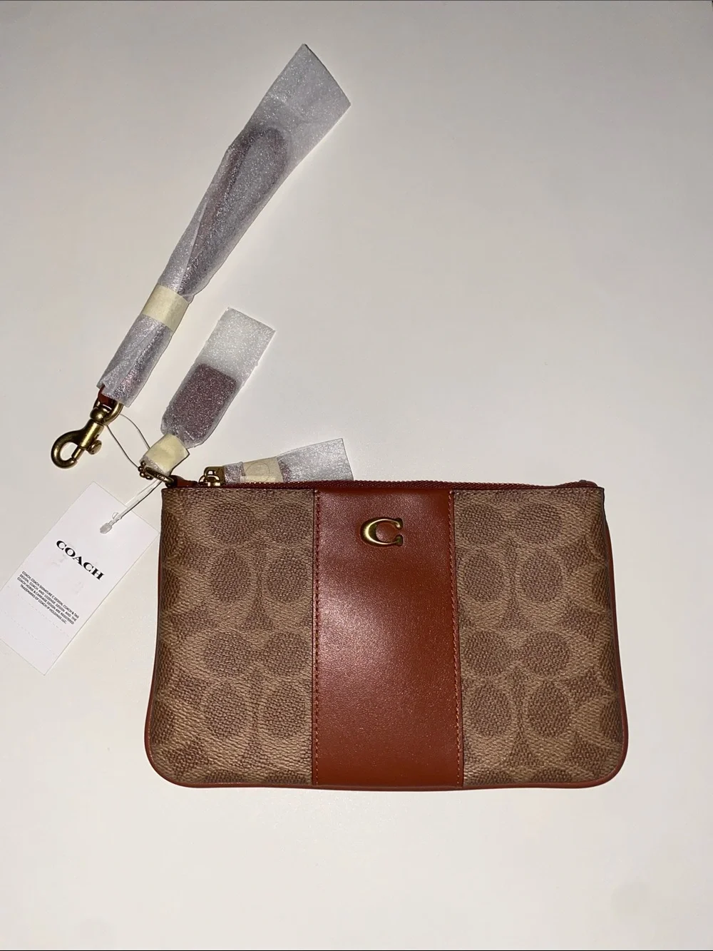 Coach Brown Signature Canvas Wristlet with Leather Center Panel